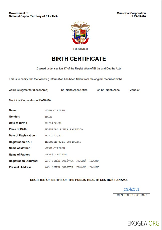 Modèle Word et PDF d'acte de naissance au Panama